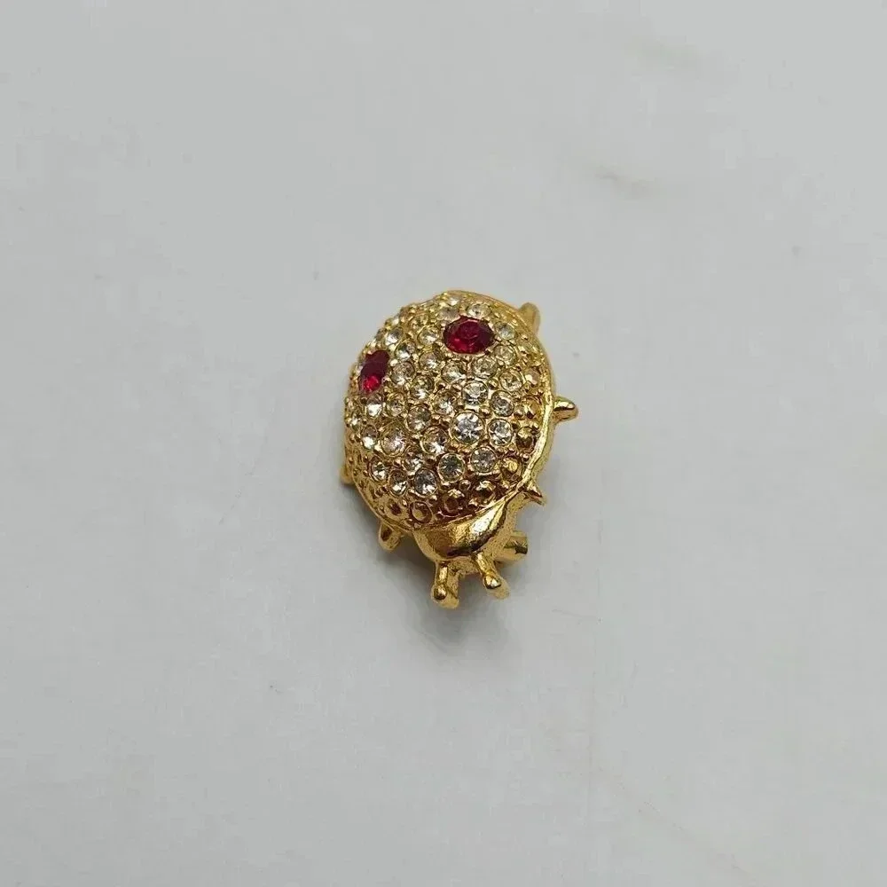Vintage Gold-Tone Ladybug Rhinestone Brooch Pin With Red Gem Eyes